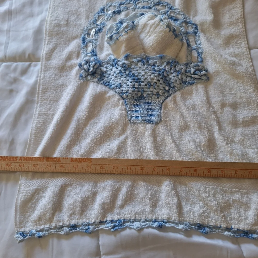 Hand Crafted Cream Bath Towel with Blue Crochet Basket Accent